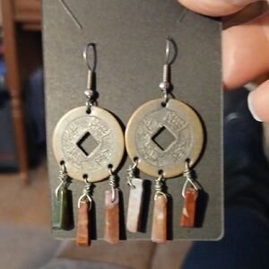 Vintage-Inspired Brass Coin Earrings with Multicolor Stone Dangles